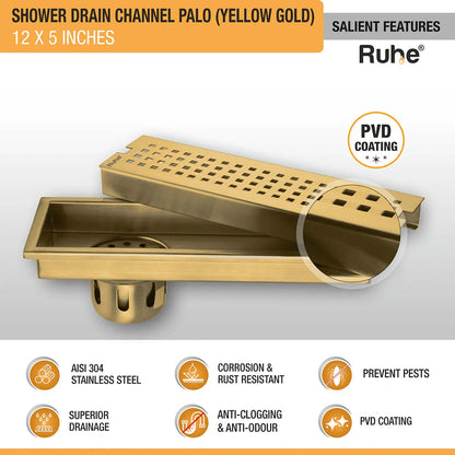 Palo Shower Drain Channel (12 x 5 Inches) YELLOW GOLD features