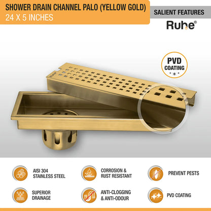 Palo Shower Drain Channel (24 x 5 Inches) YELLOW GOLD features