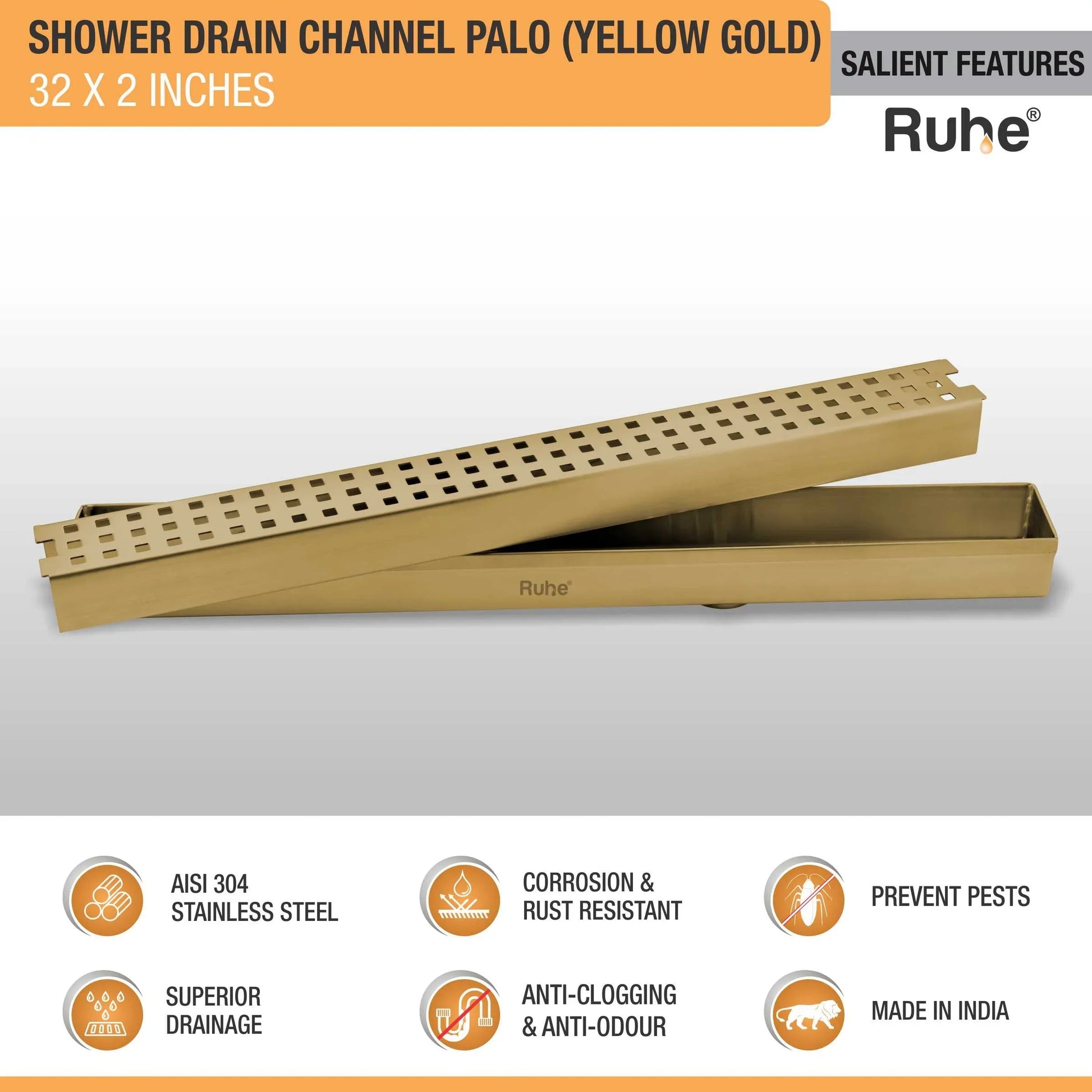 Palo Shower Drain Channel (32 x 2 Inches) YELLOW GOLD features