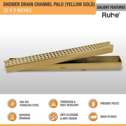 Palo Shower Drain Channel (32 x 2 Inches) YELLOW GOLD features
