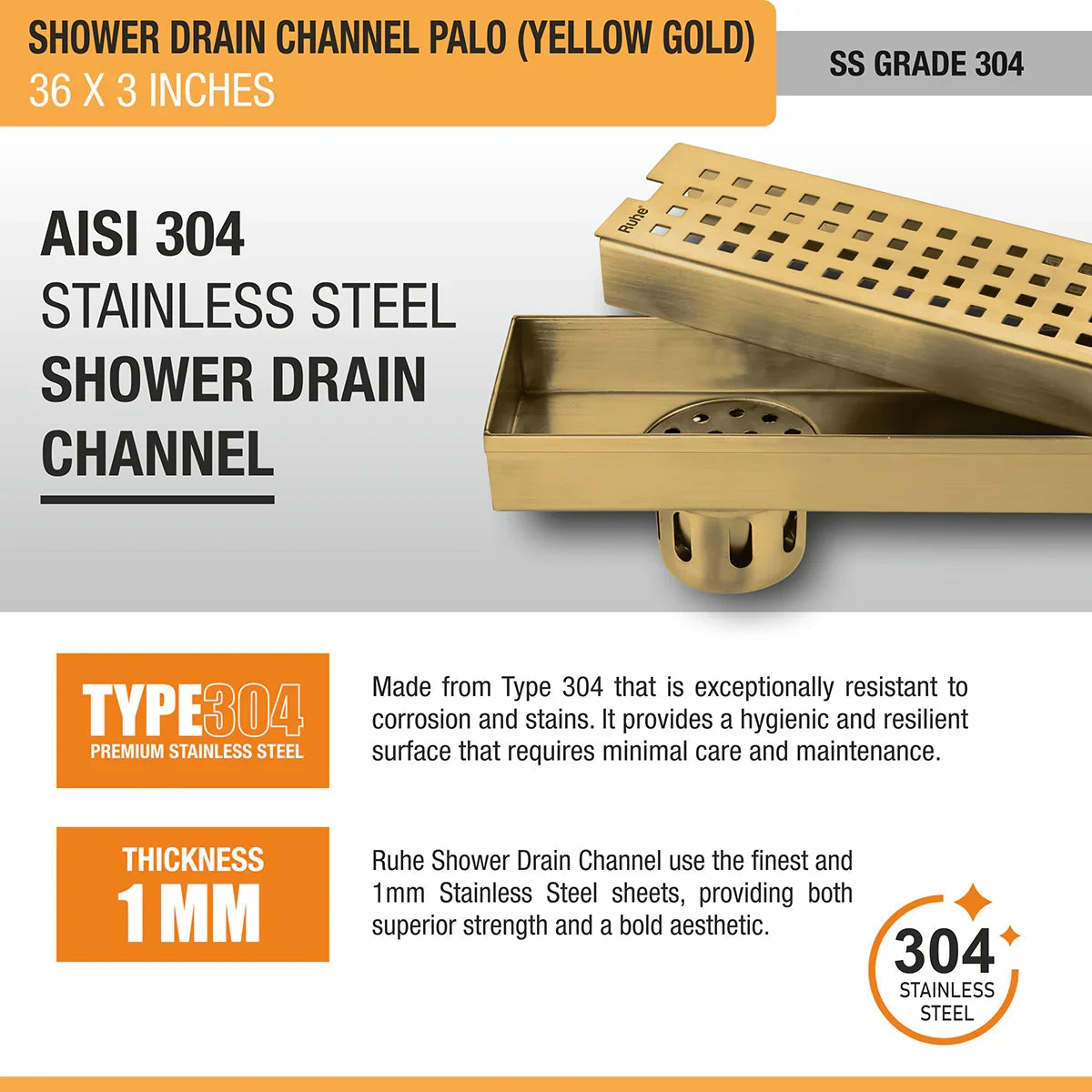 Palo Shower Drain Channel (36 x 3 Inches) YELLOW GOLD stainless steel