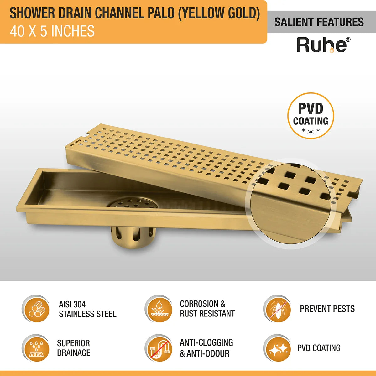 Palo Shower Drain Channel (40 x 5 Inches) YELLOW GOLD features