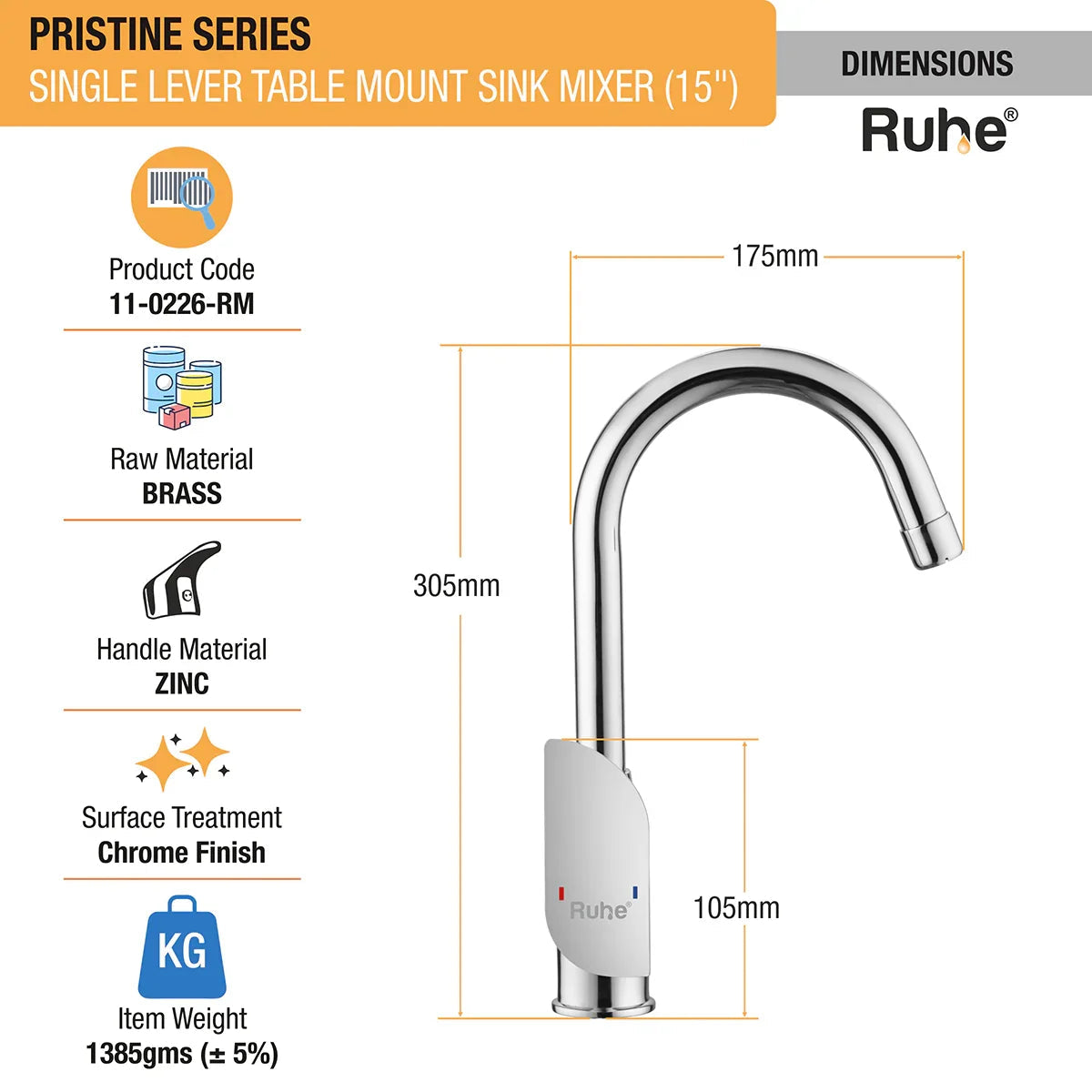 Pristine Single Lever Table-Mount Sink Mixer with Medium (15 Inches) Round Swivel Spout Brass Faucet dimensions and size