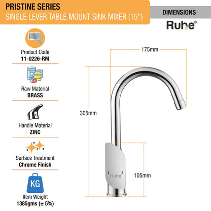 Pristine Single Lever Table-Mount Sink Mixer with Medium (15 Inches) Round Swivel Spout Brass Faucet dimensions and size