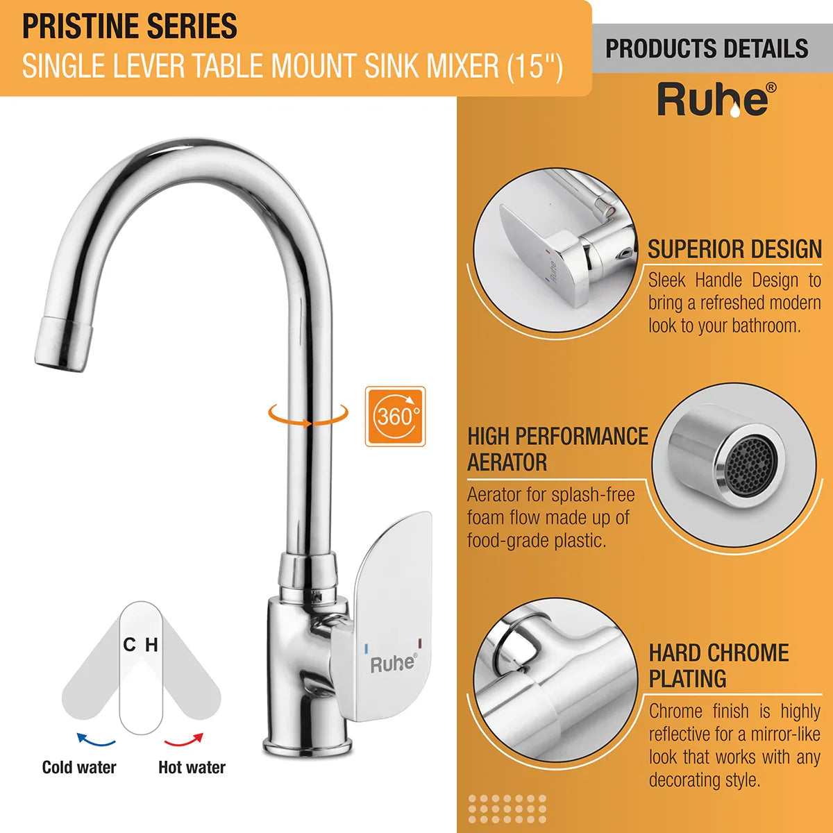 Pristine Single Lever Table-Mount Sink Mixer with Medium (15 Inches) Round Swivel Spout Brass Faucet product details