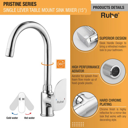 Pristine Single Lever Table-Mount Sink Mixer with Medium (15 Inches) Round Swivel Spout Brass Faucet product details