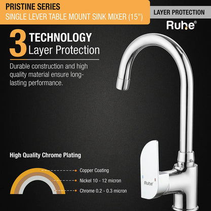 Pristine Single Lever Table-Mount Sink Mixer with Medium (15 Inches) Round Swivel Spout Brass Faucet 3 layer protection