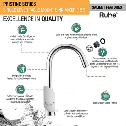 Pristine Single Lever Table-Mount Sink Mixer Brass Faucet with Medium (15 Inches) Round Swivel Spout features and benefits
