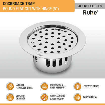Round Flat Cut Floor Drain (5 Inches) with Hinge & Cockroach Trap (304 Grade) features