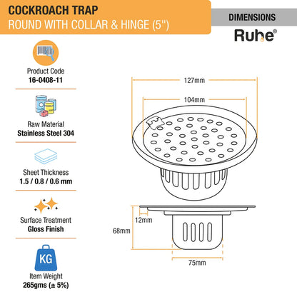 Round Floor Drain (5 Inches) with Hinge & Cockroach Trap (304 Grade) dimensions and size