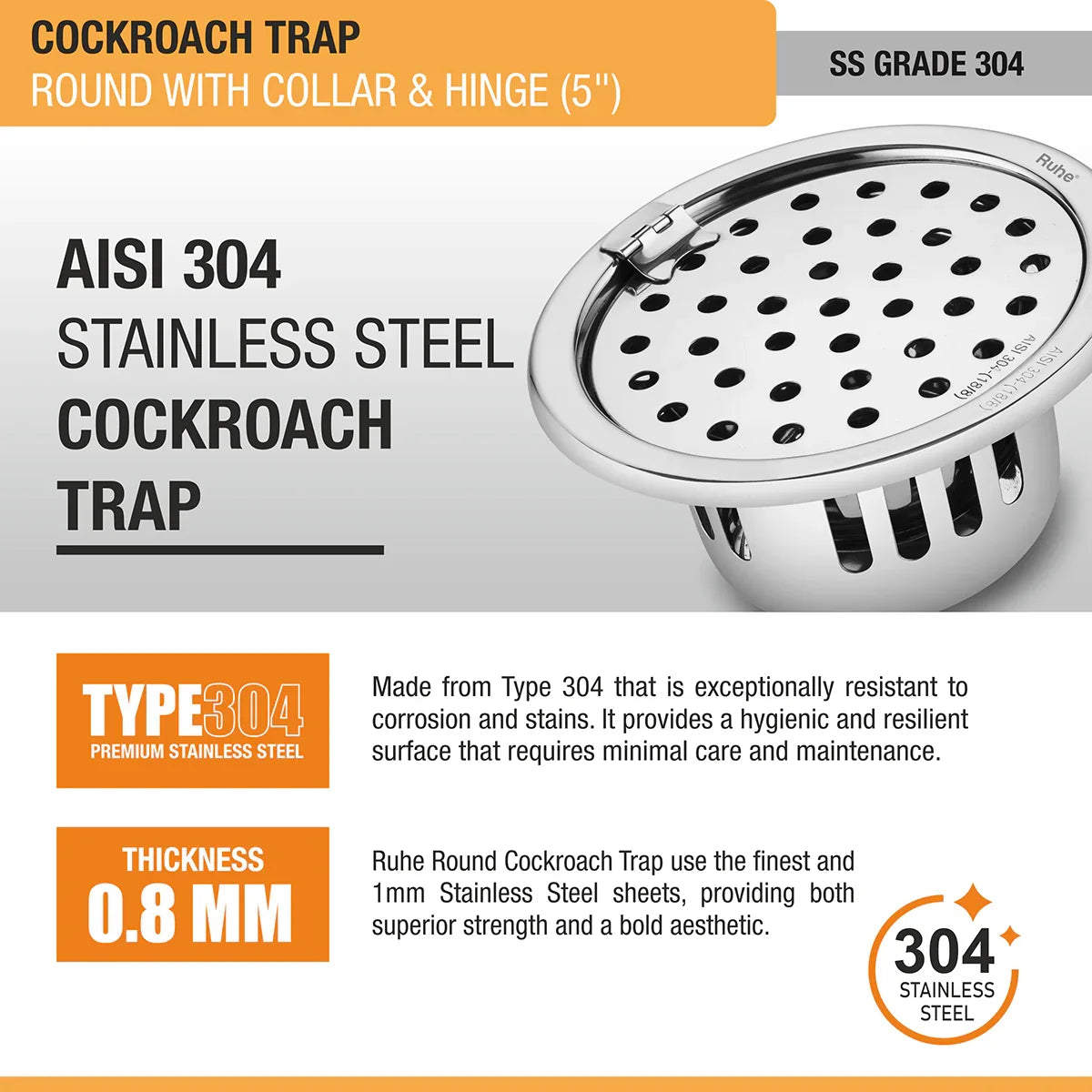 Round Floor Drain (5 Inches) with Hinge & Cockroach Trap (304 Grade) stainless steel