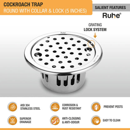 Round Floor Drain with Collar (5 Inches) with Lock and Cockroach Trap (304 Grade) features