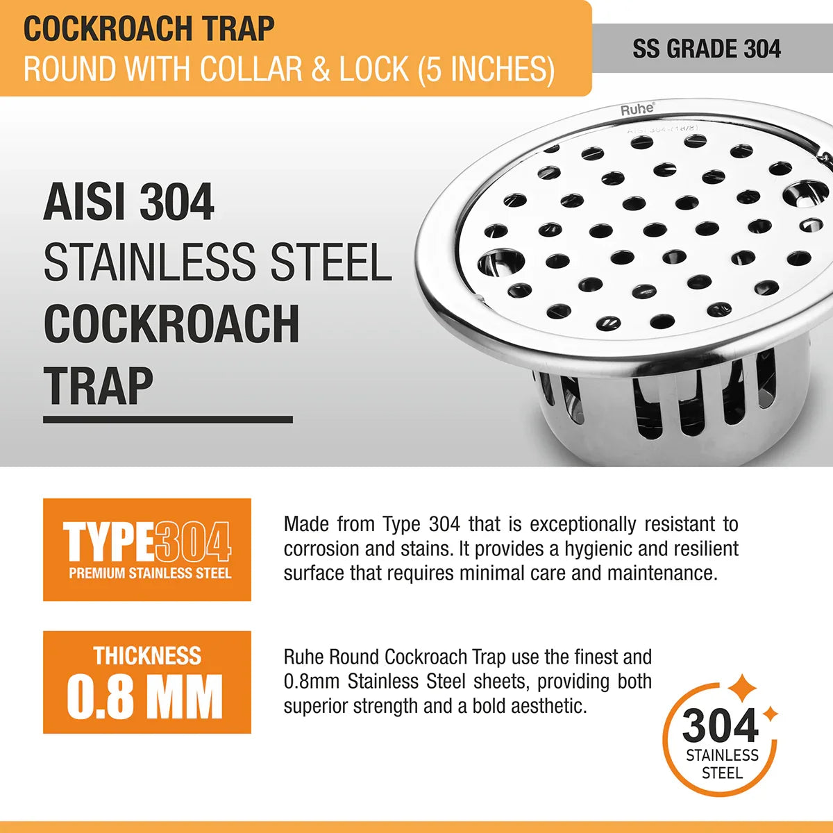 Round Floor Drain with Collar (5 Inches) with Lock and Cockroach Trap (304 Grade) stainless steel