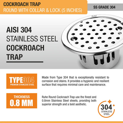 Round Floor Drain with Collar (5 Inches) with Lock and Cockroach Trap (304 Grade) stainless steel