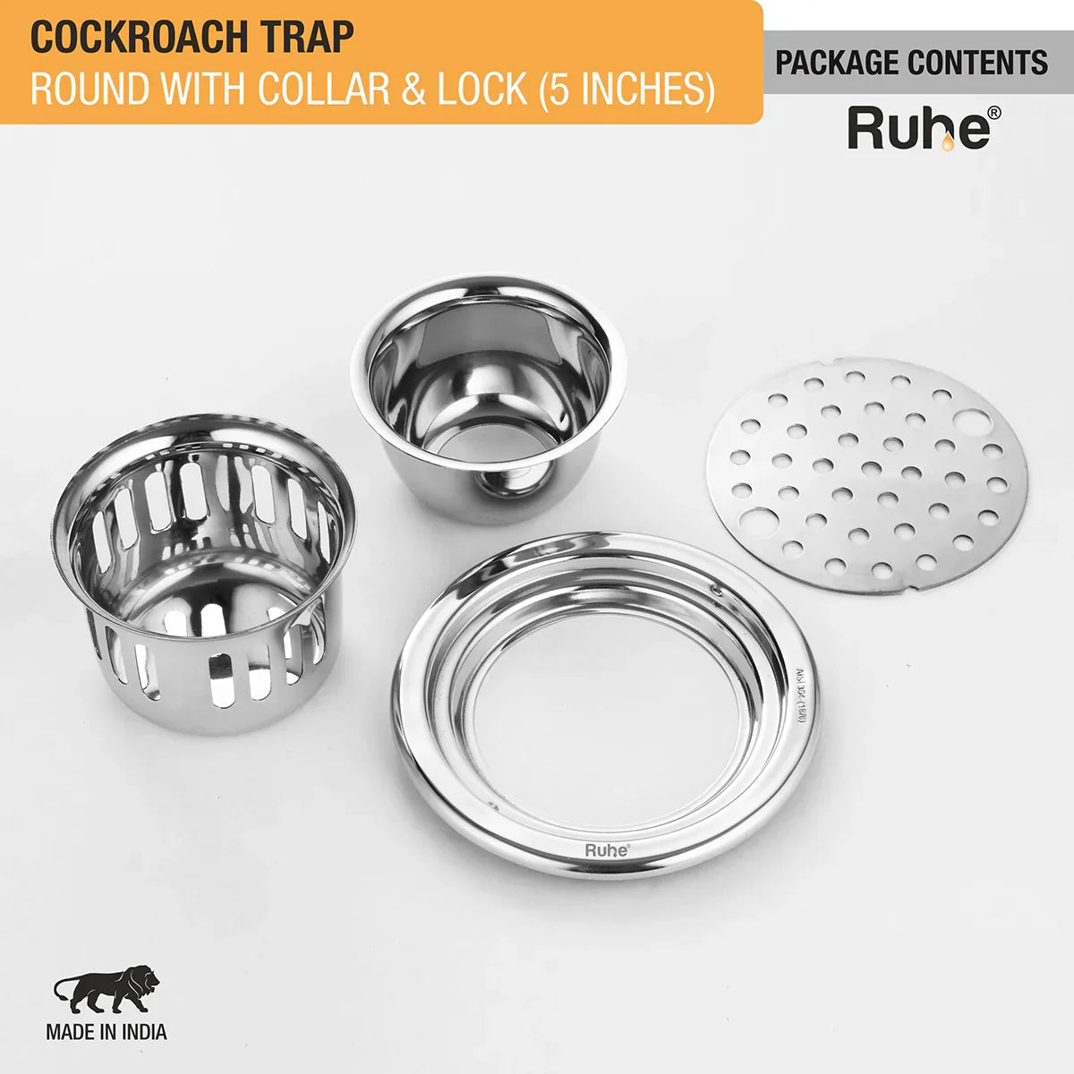 Round Floor Drain with Collar (5 Inches) with Lock and Cockroach Trap (304 Grade) package content