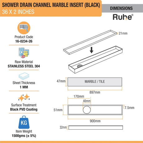 Marble Insert Shower Drain Channel (36 x 2 Inches) Black PVD Coated - by Ruhe