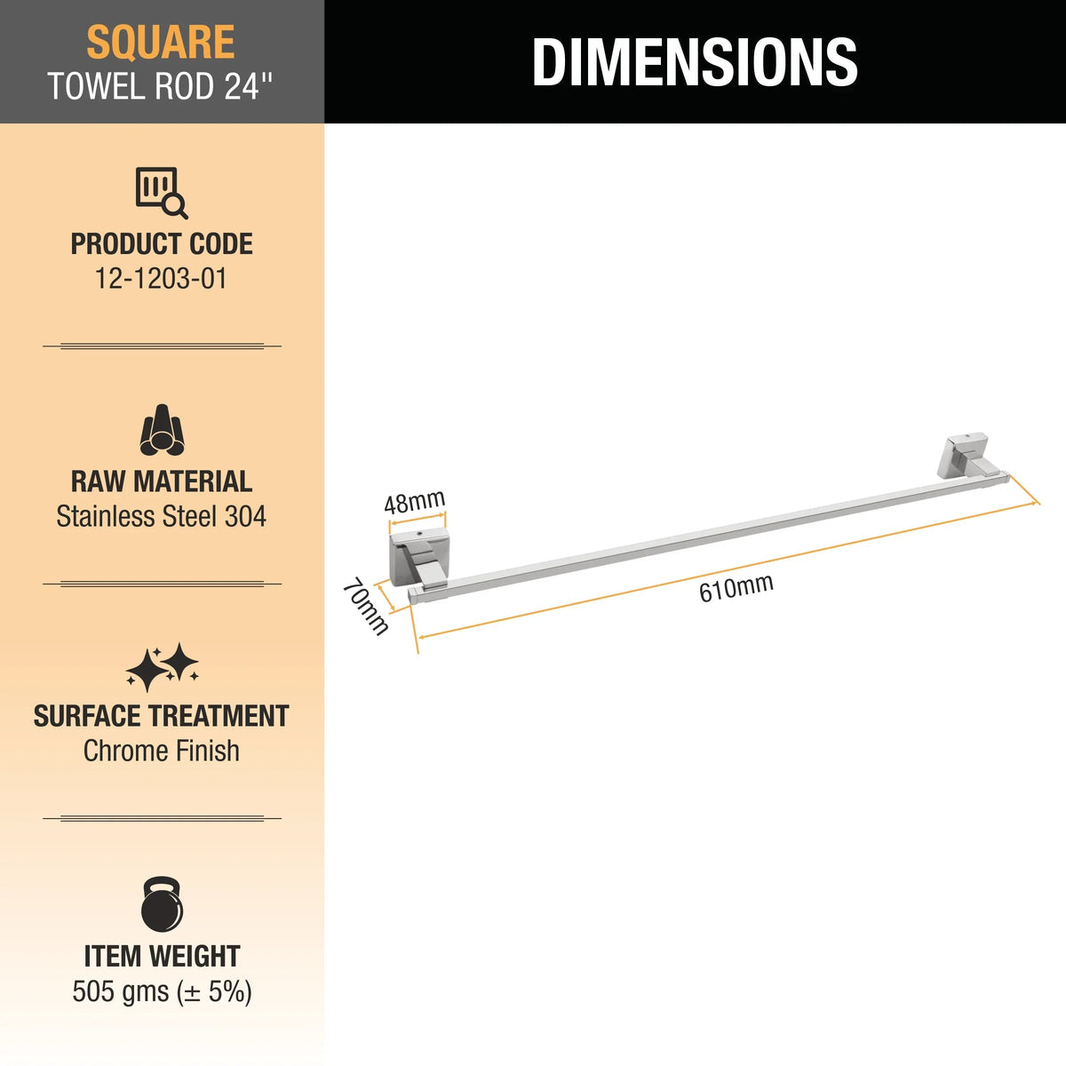 Square Stainless-Steel Towel Rod (24 inches) 2