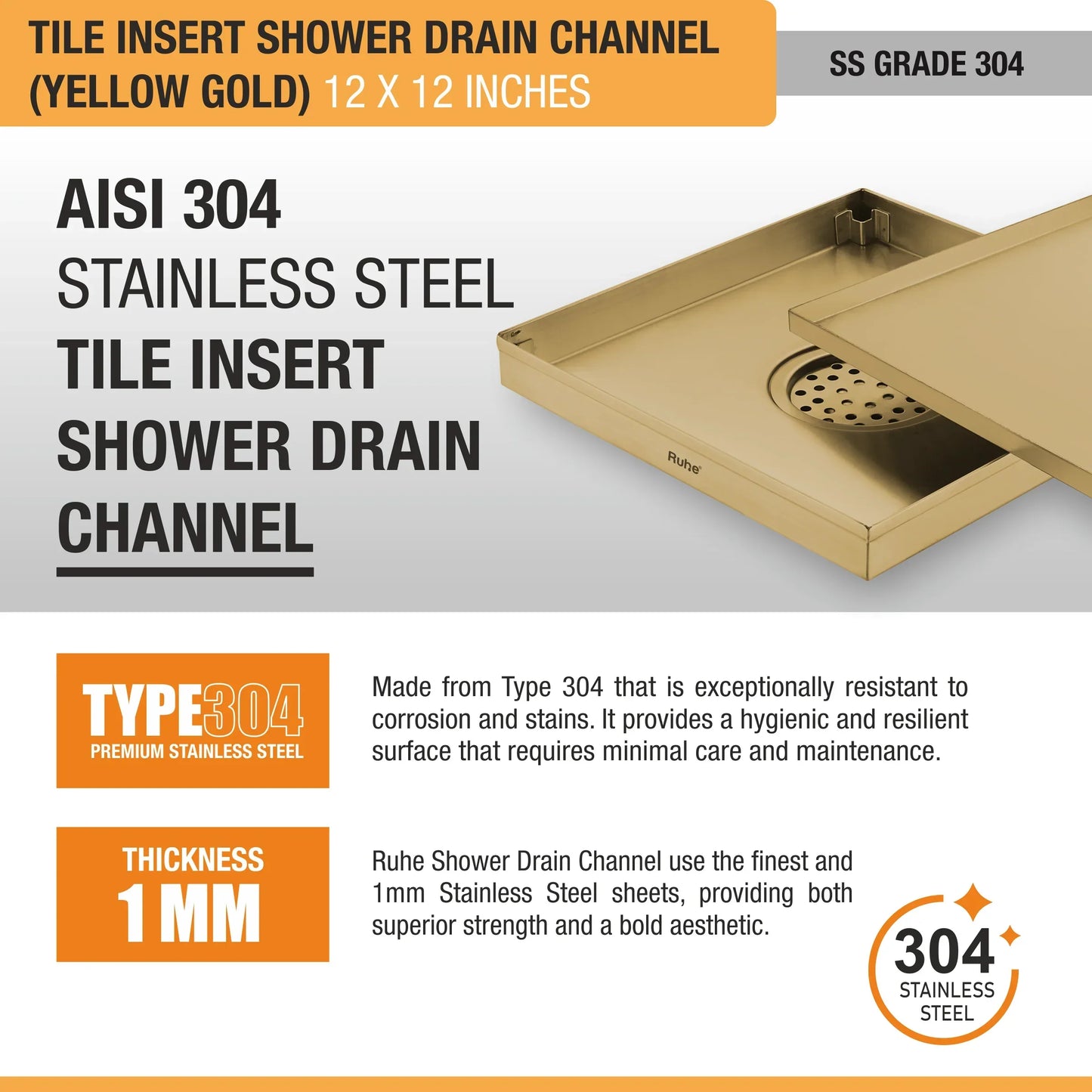 Tile-Insert Shower Drain Channel (12 x 12 Inches)