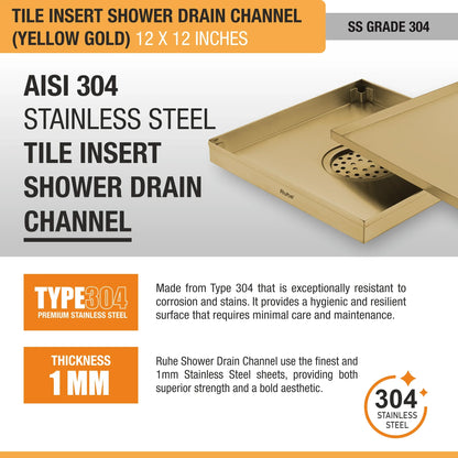 Tile-Insert Shower Drain Channel (12 x 12 Inches)