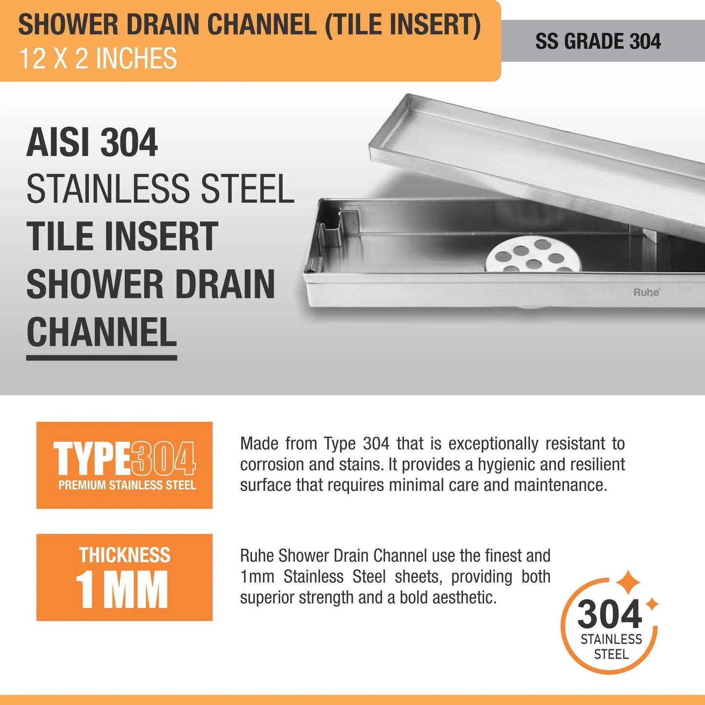 Tile Insert Shower Drain Channel (12 x 2 Inches) (304 Grade) stainless steel