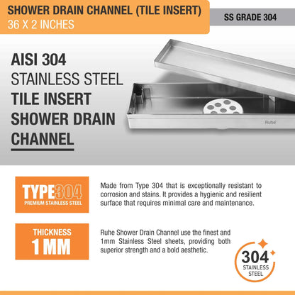 Tile-Insert Shower Drain Channel (2 Inches)