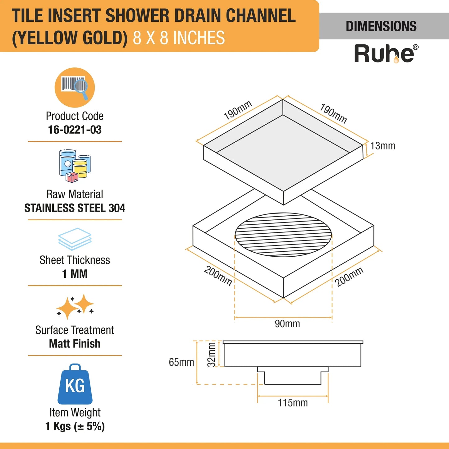 Tile-Insert Shower Drain Channel (8 x 8 Inches)
