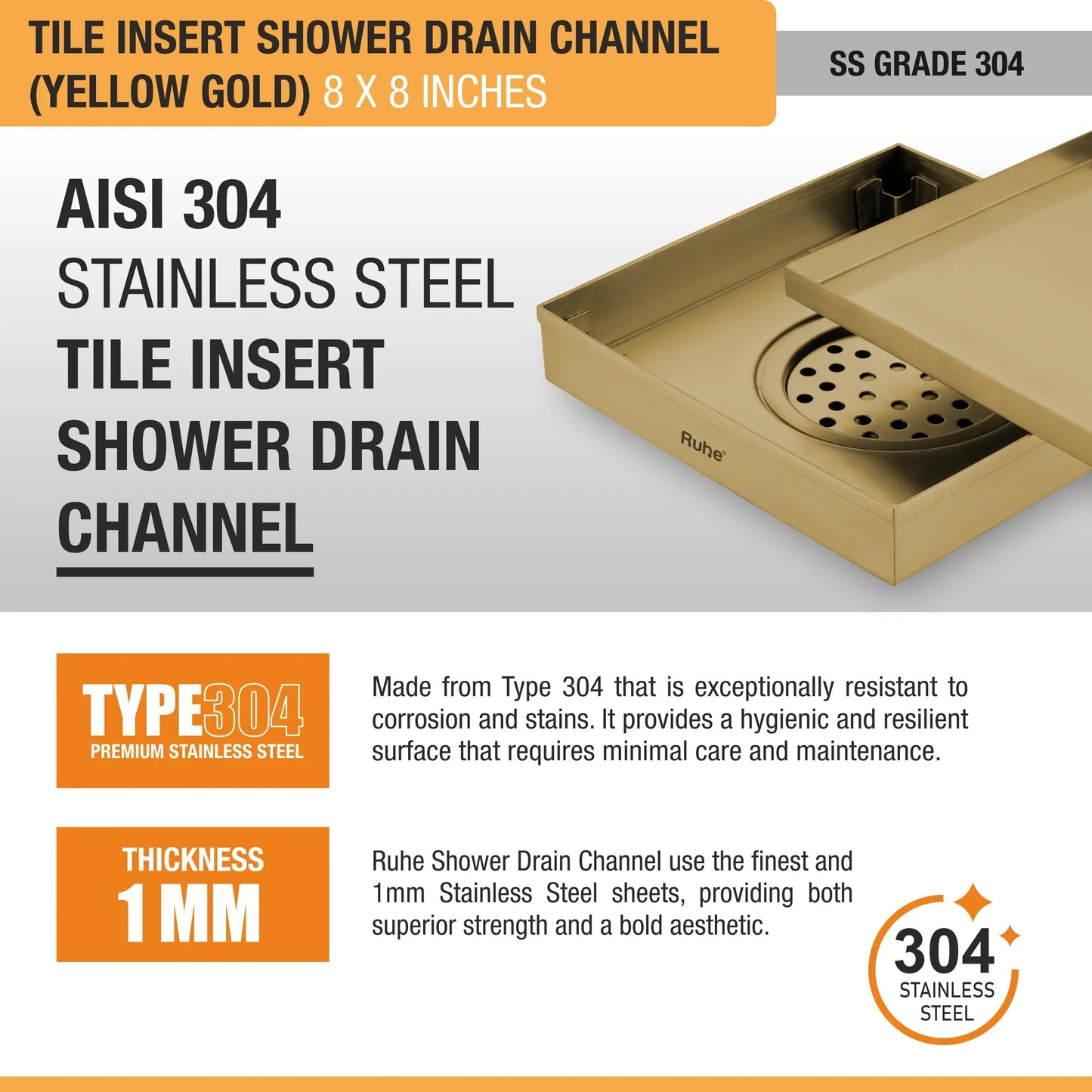 Tile-Insert Shower Drain Channel (8 x 8 Inches)