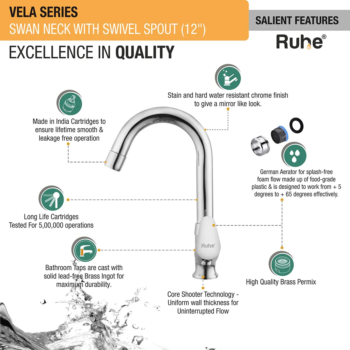 Vela Swan Neck with Small (12 inches) Round Swivel Spout Brass Faucet features
