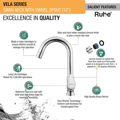 Vela Swan Neck with Small (12 inches) Round Swivel Spout Brass Faucet features