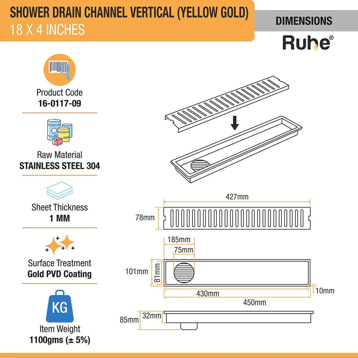 Vertical Shower Drain Channel (4 Inches)