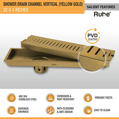 Vertical Shower Drain Channel (32 x 4 Inches) YELLOW GOLD features