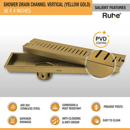 Vertical Shower Drain Channel (36 x 4 Inches) YELLOW GOLD features