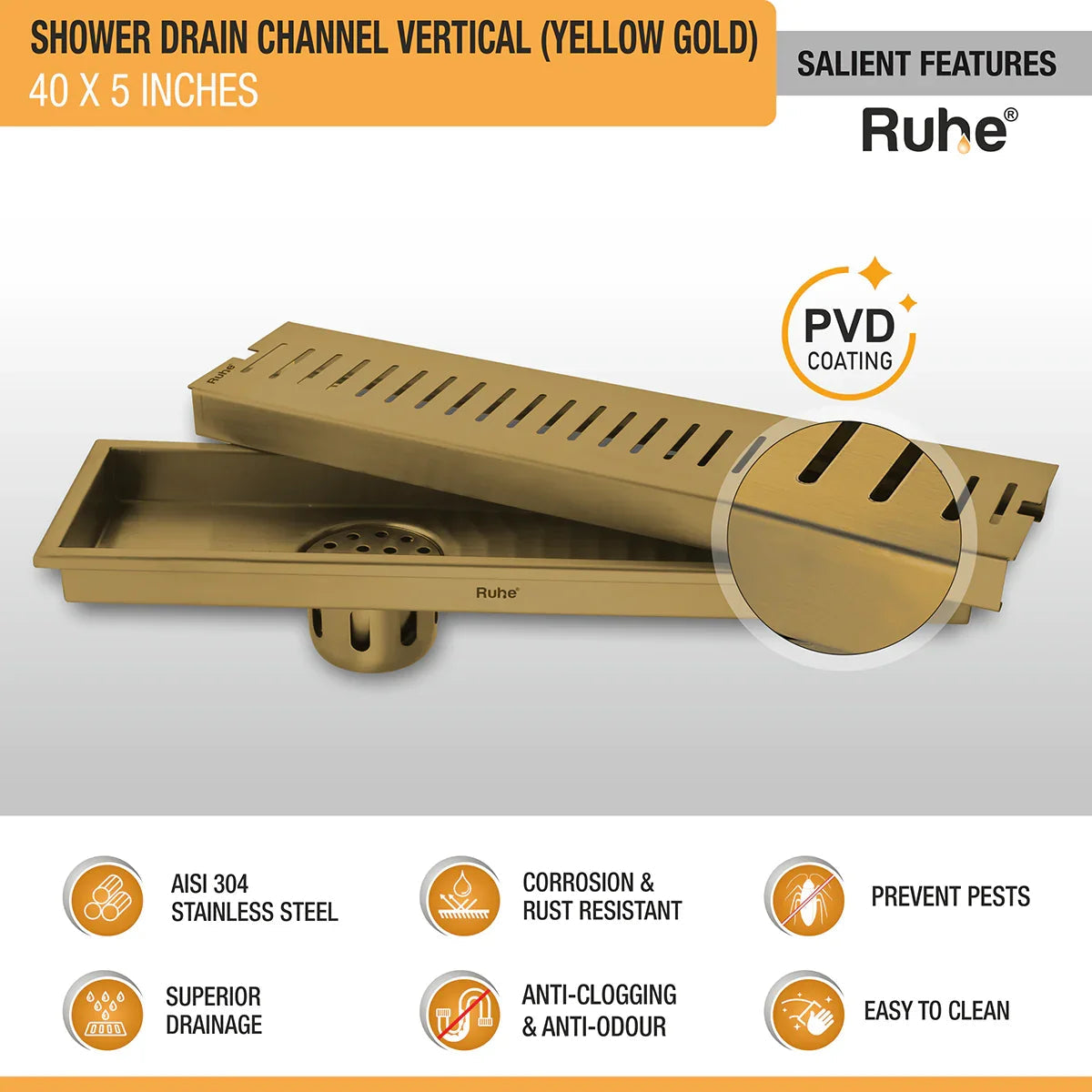 Vertical Shower Drain Channel (40 x 5 Inches) YELLOW GOLD features